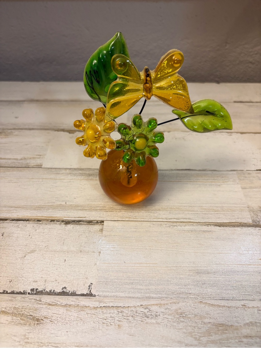 Yellow and Green Glass Butterfly Floral Accent Vase Lucite Resin